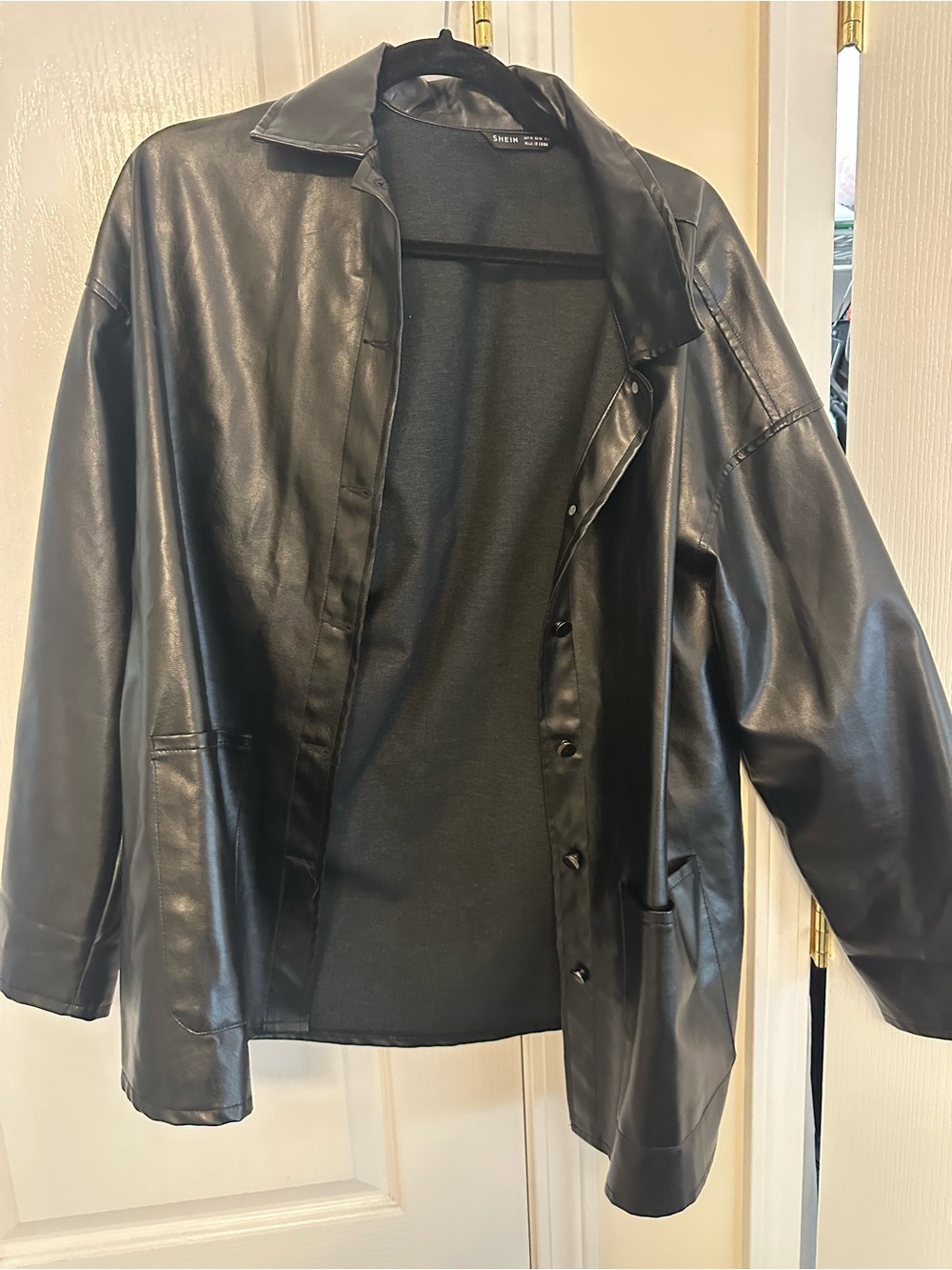 SHEIN Black Faux Leather Button-Up Jacket